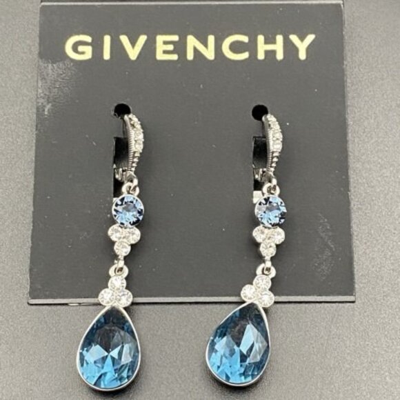 NWT Givenchy Silver Tone Blue Teardrop Crystal Dangle/Drop Earrings 2" MSRP $48 - Picture 2 of 8